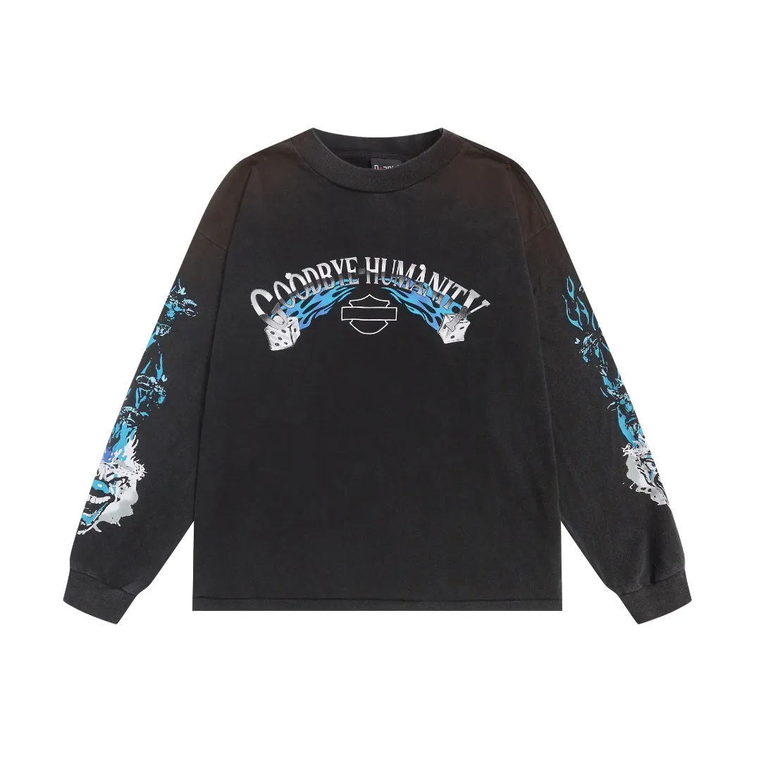 SAINT Michael heavy distressed washed retro flame dice printed loose round neck pullover long-sleeved T-shirt Fabric: 260g Style number: SM662 Size: S-M-L-XL Color: washed black Price: P156